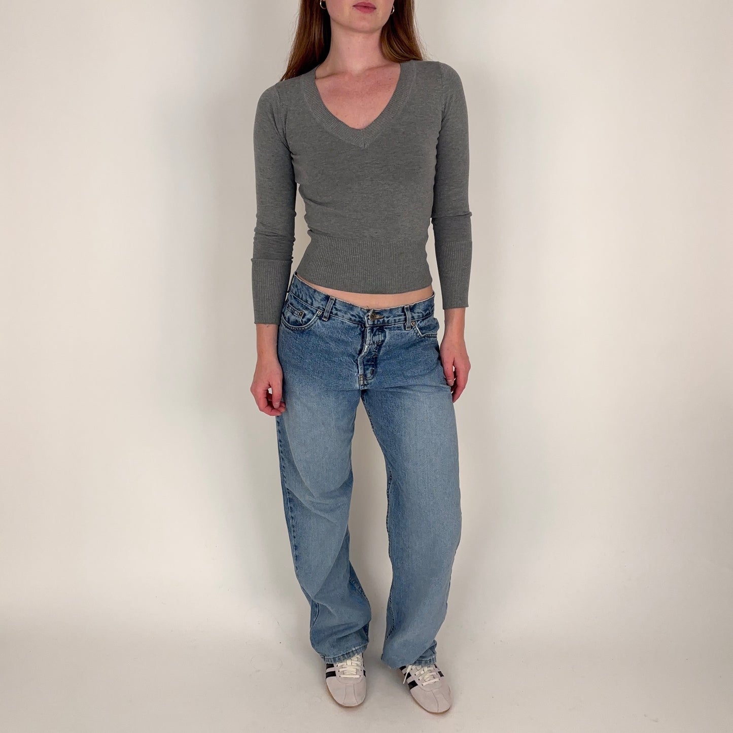 90s Grey V Neck Long Sleeve - S