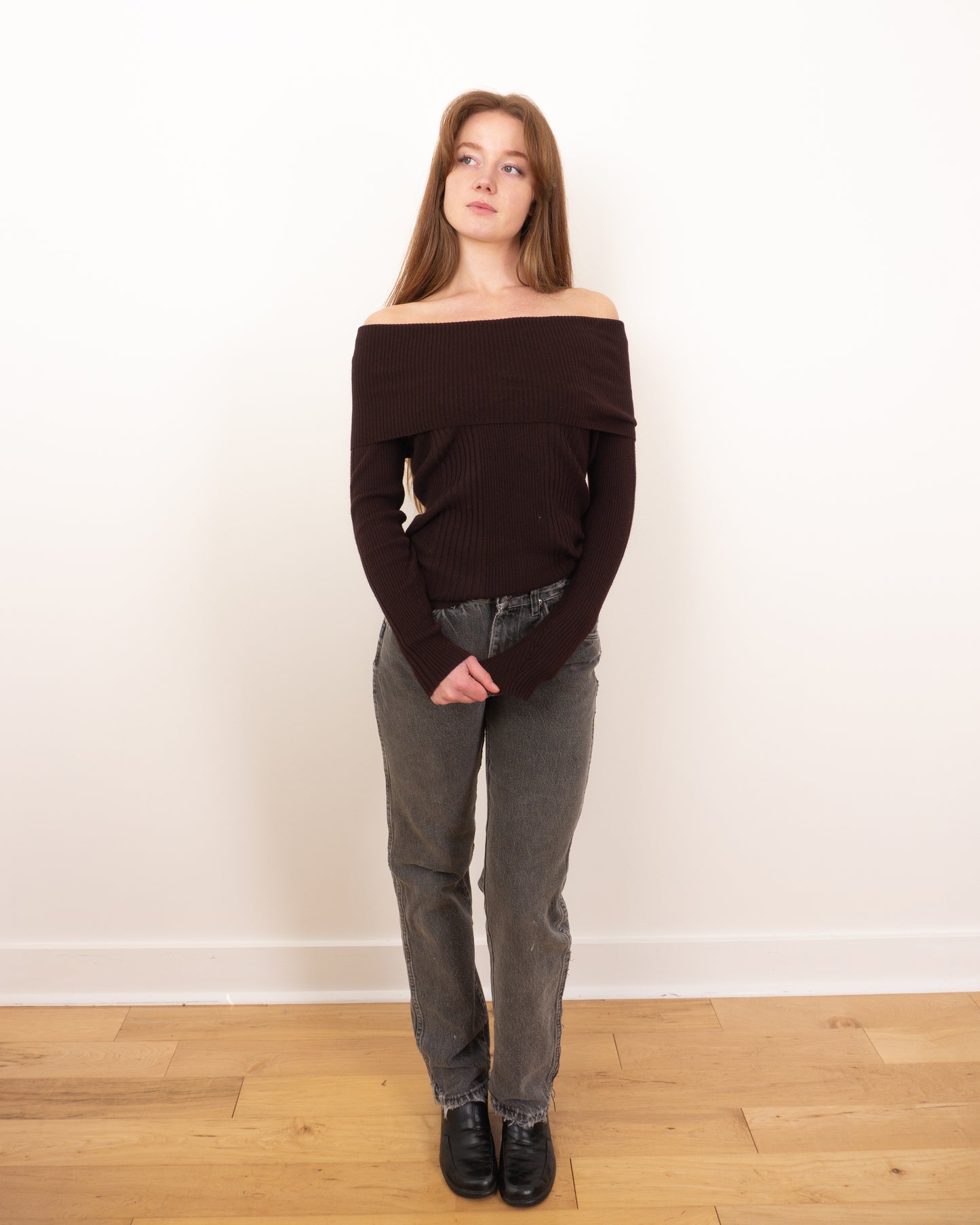 Vintage Brown Off The Shoulder Knit - S