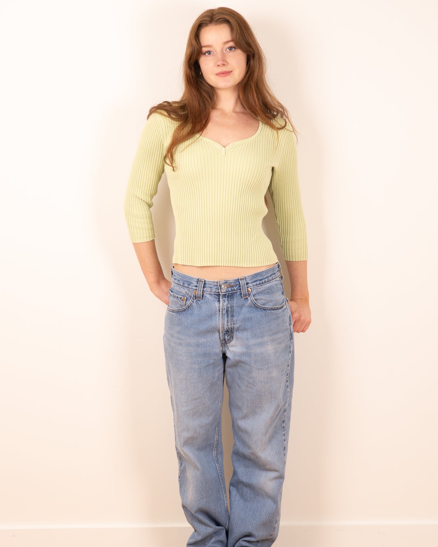 Light Green Ribbed Knit Quarter Sleeve - S/M